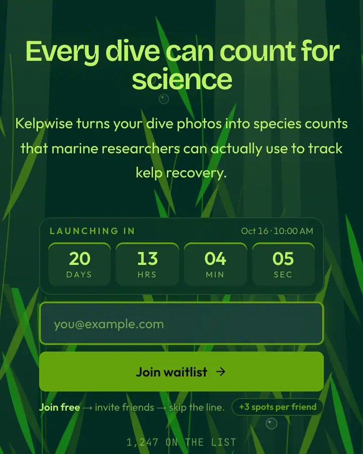 Kelp Forest — Nature & Organic waitlist page template, deep teal background