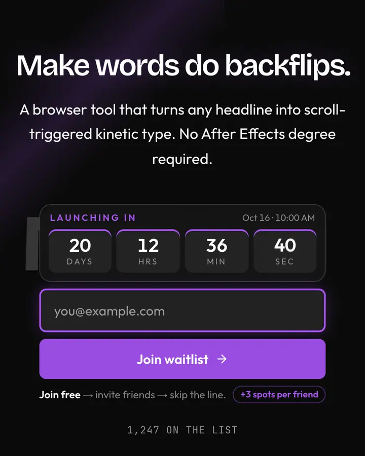 Kinetic Type — Editorial & Abstract waitlist page template, near-black background