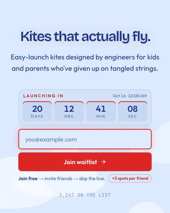 Kite Tail — Playful & Pastel waitlist page template, pale sky blue background