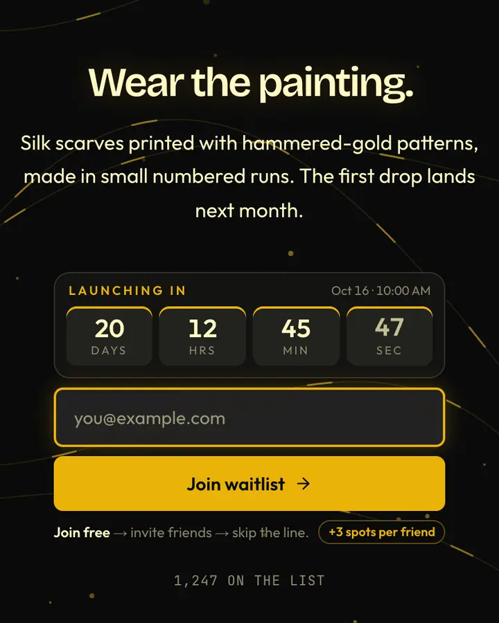 Klimt Gold — Editorial & Abstract waitlist page template, near-black background