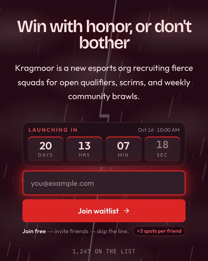 Warrior Red — Cyberpunk & Sci-Fi waitlist page template, near-black pink background