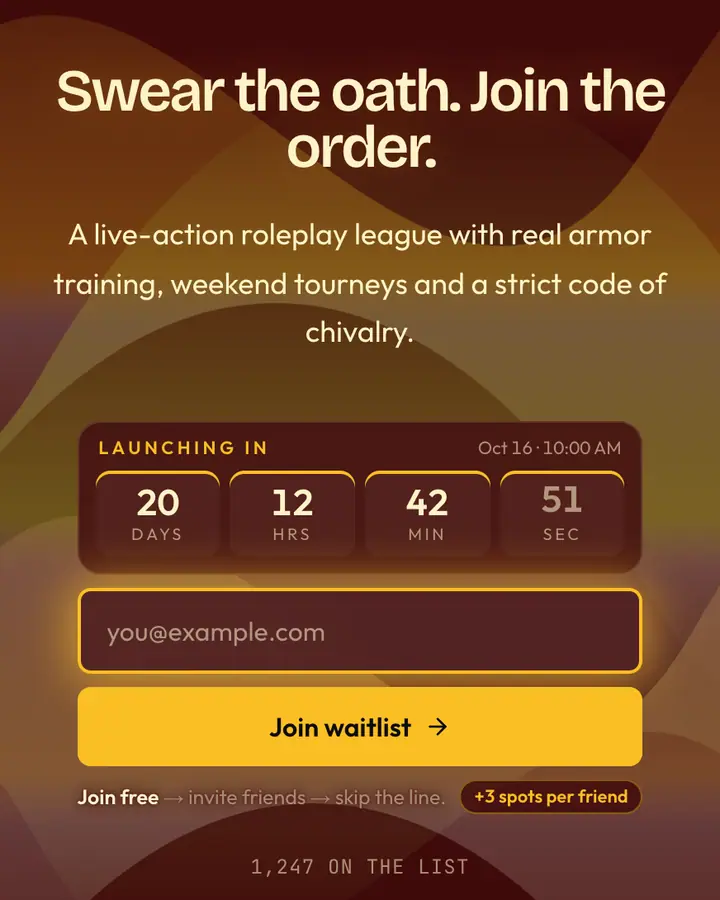Knight's Oath — Fantasy waitlist page template, deep red background