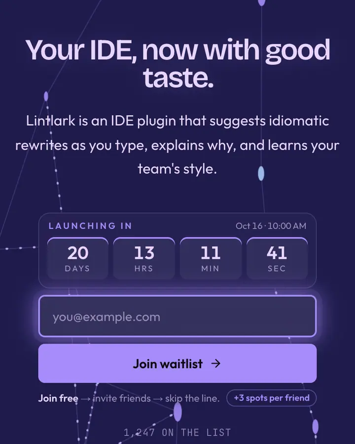 Kotlin Purple — Tech & SaaS waitlist page template, dark indigo background