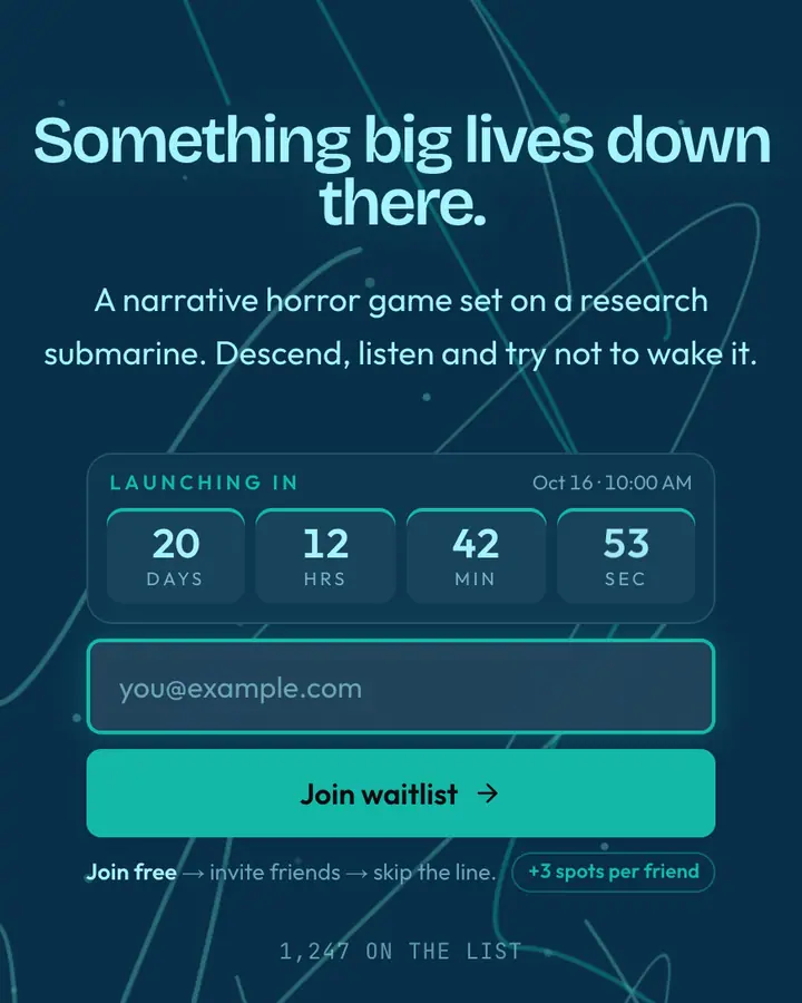 Kraken Deep — Fantasy waitlist page template, deep sky blue background