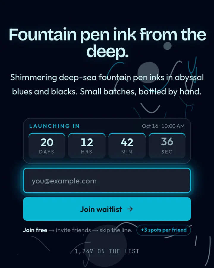 Kraken Ink — Fantasy waitlist page template, near-black blue background