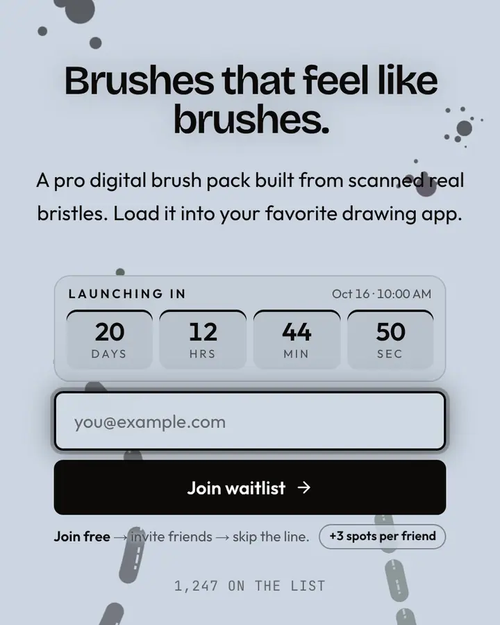 Krasner Brush — Editorial & Abstract waitlist page template, pale sky blue background