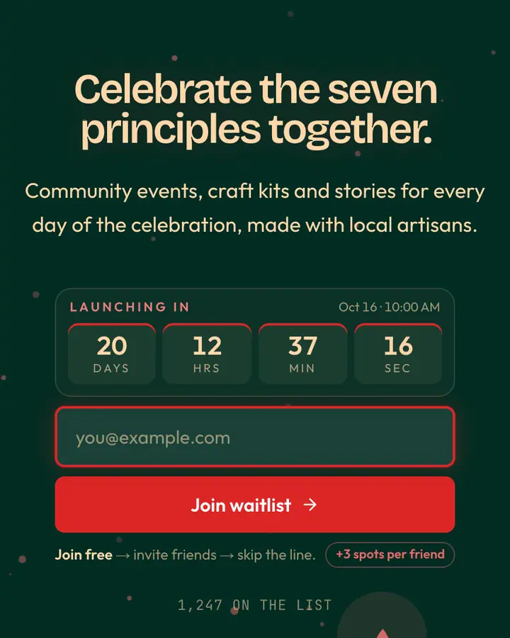 Kwanzaa Red — Holiday & Seasonal waitlist page template, deep teal background