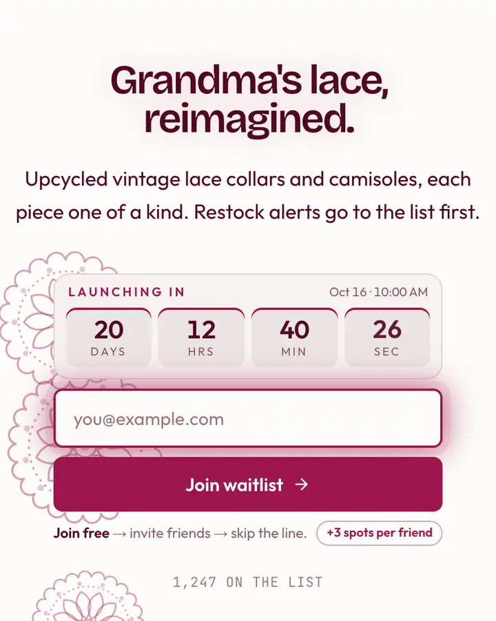 Lace Doily — Coquette waitlist page template, amber-tinted white background
