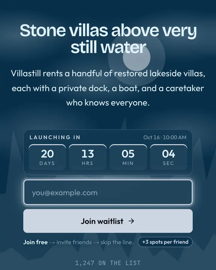 Lake Como — Luxury waitlist page template, deep sky blue background
