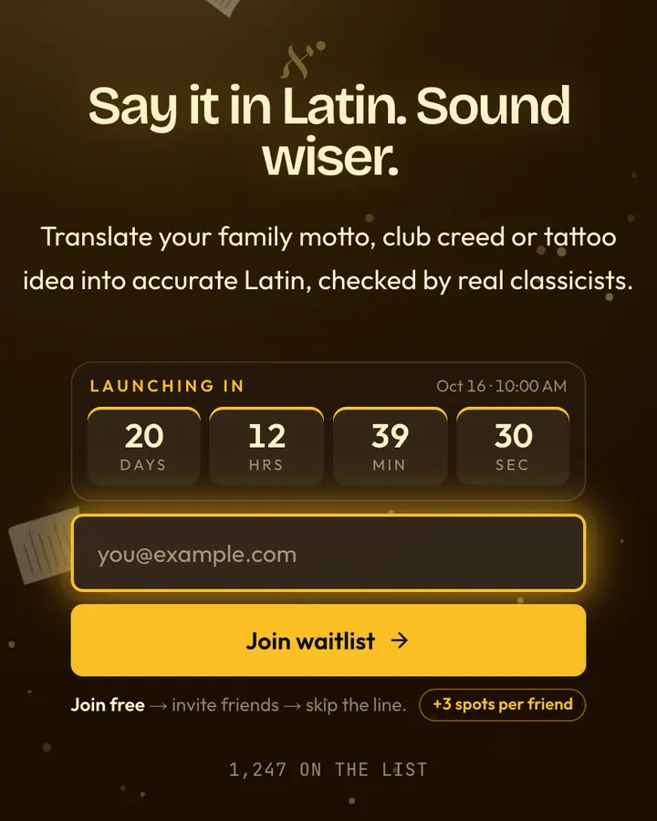 Latin Motto — Dark Academia waitlist page template, near-black vermilion background