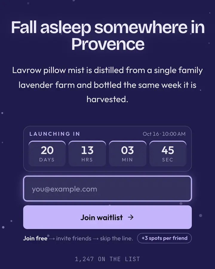 Lavender Field — Nature & Organic waitlist page template, dark indigo background