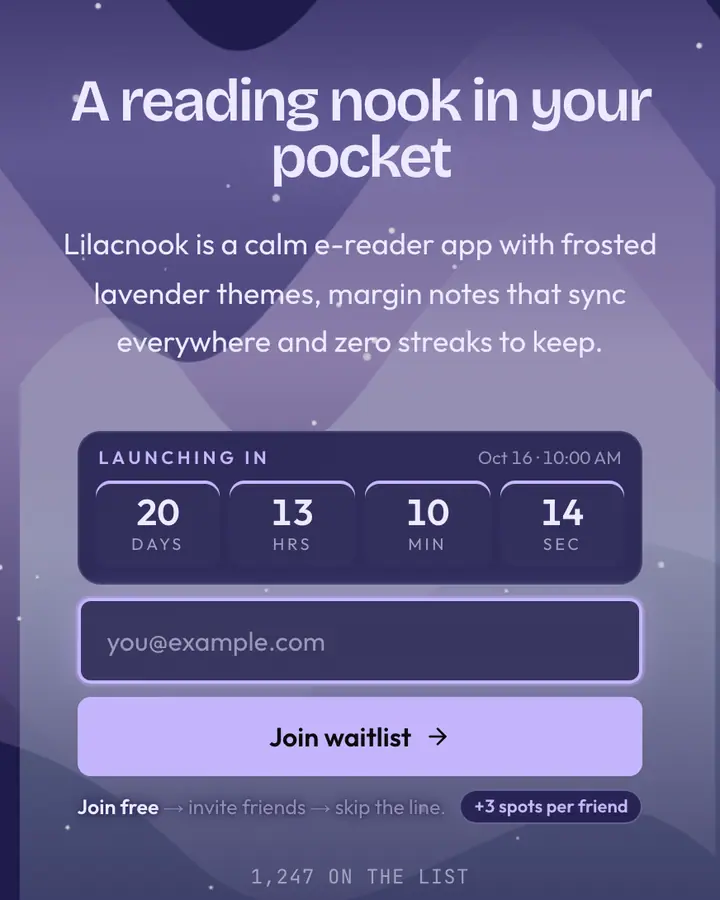 Lavender Glass — Glassmorphism waitlist page template, dark indigo background