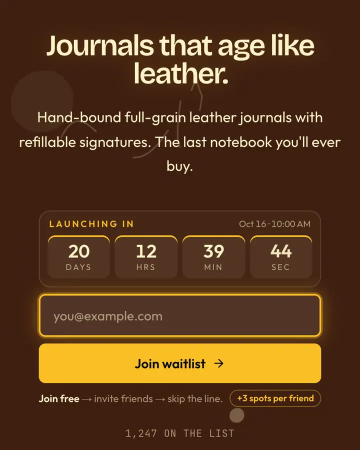 Leather Journal — Dark Academia waitlist page template, brown background