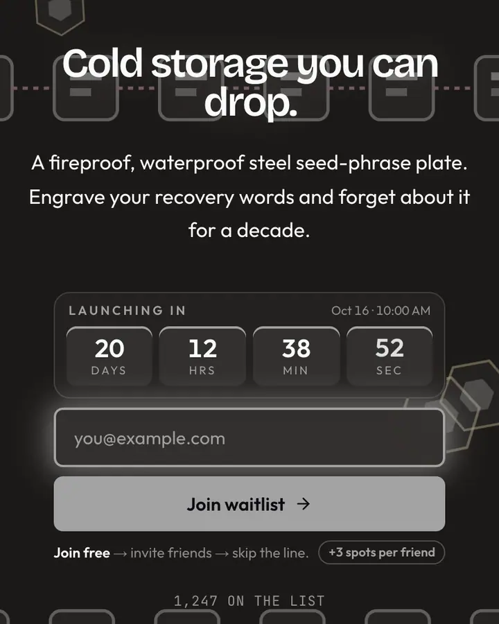 Seed Phrase Dark — Crypto & Web3 waitlist page template, charcoal background