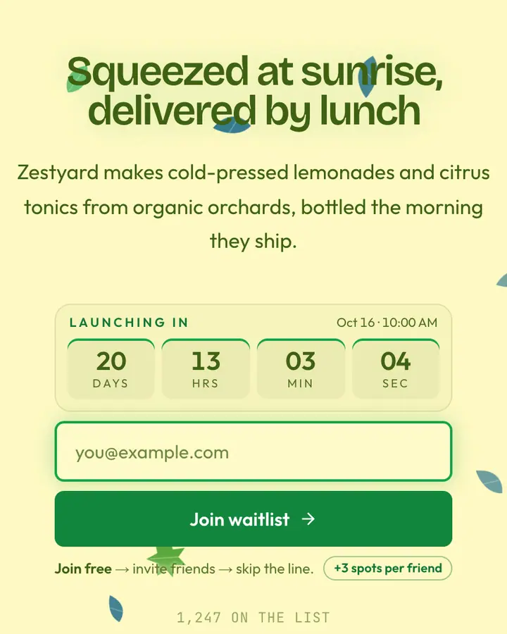 Lemon Orchard — Nature & Organic waitlist page template, cream background