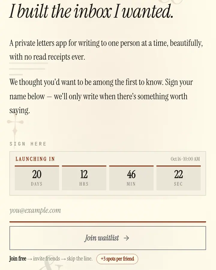 Letter — Editorial & Abstract waitlist page template, amber-tinted white background