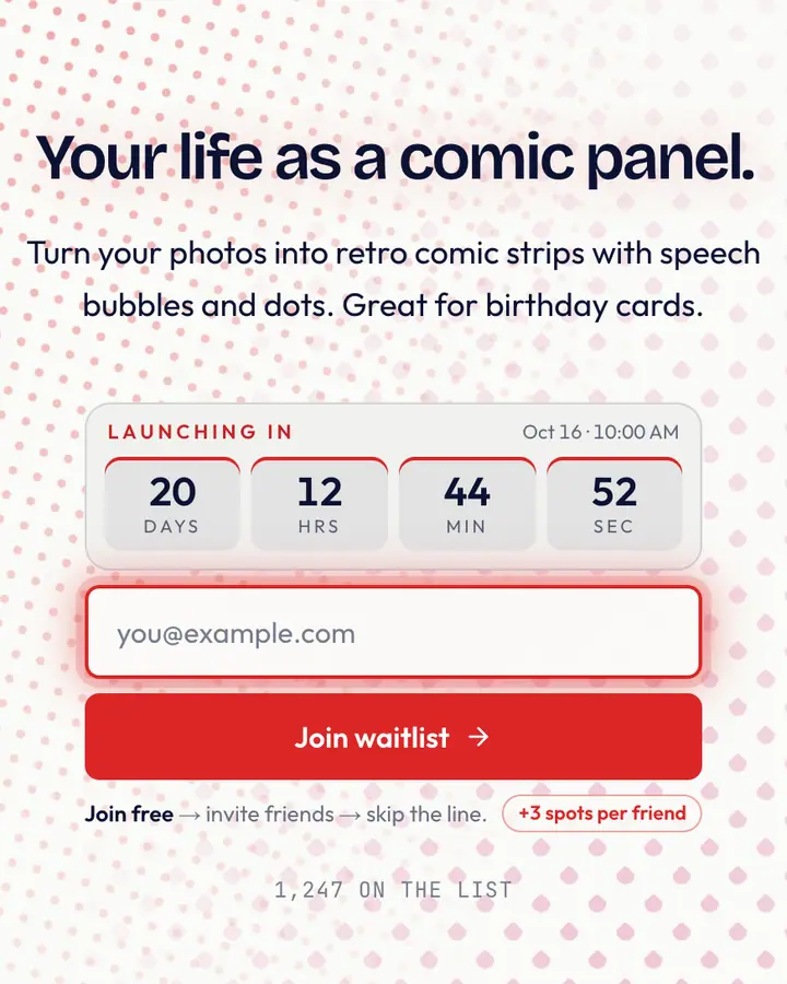 Comic Dot — Editorial & Abstract waitlist page template, white background