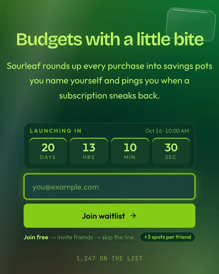 Lime Glass — Glassmorphism waitlist page template, deep teal background