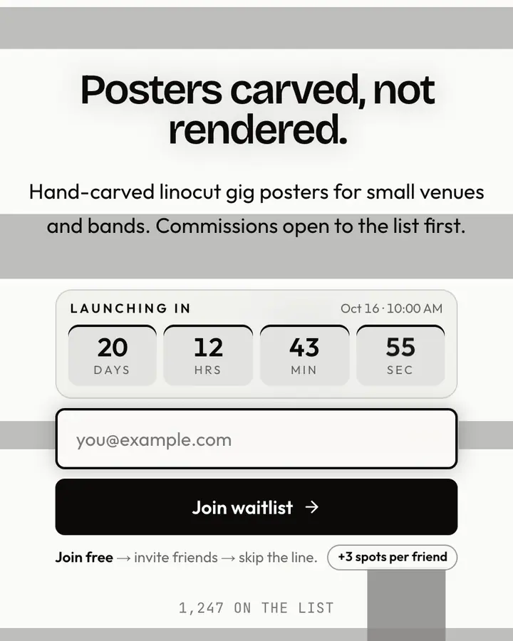Linocut Print — Black & White waitlist page template, white background