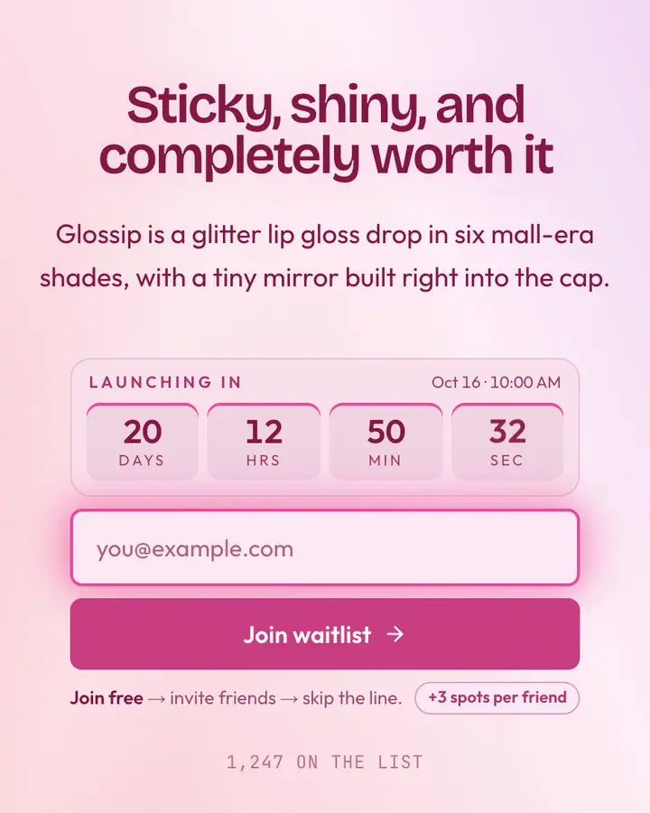 Lipgloss Pink — Y2K waitlist page template, pale pink background