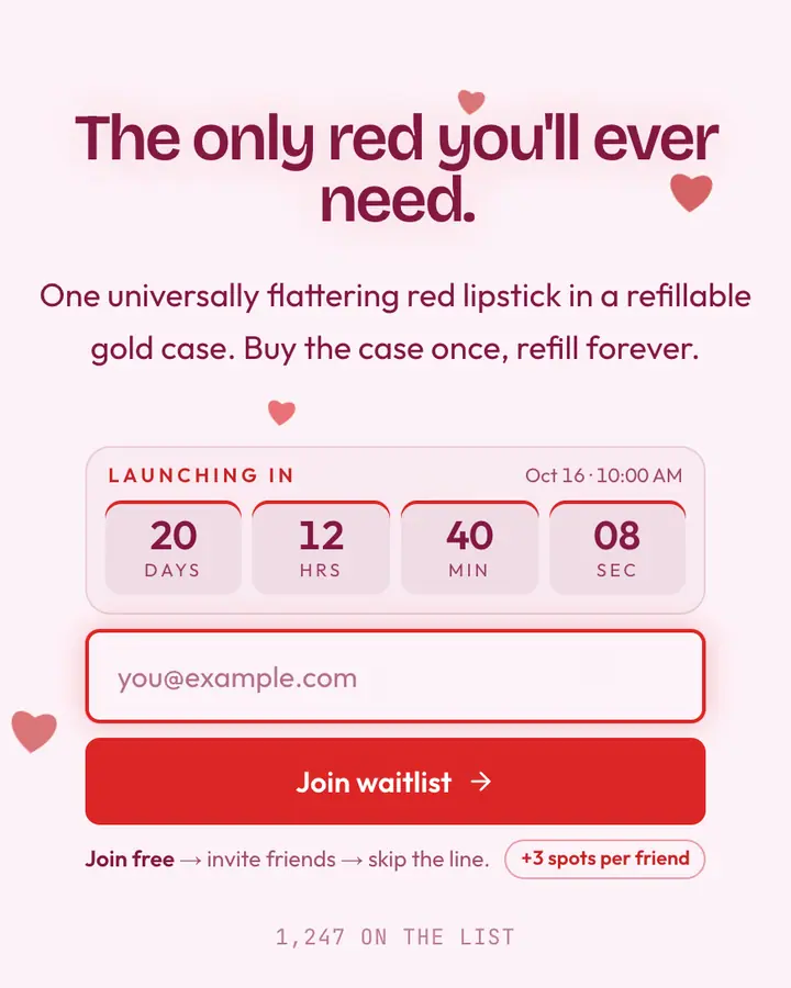 Lipstick Red — Coquette waitlist page template, pink-tinted white background
