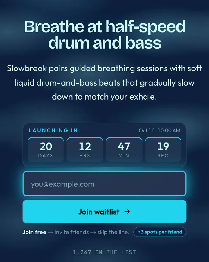 Liquid Drum — Vaporwave waitlist page template, deep blue background