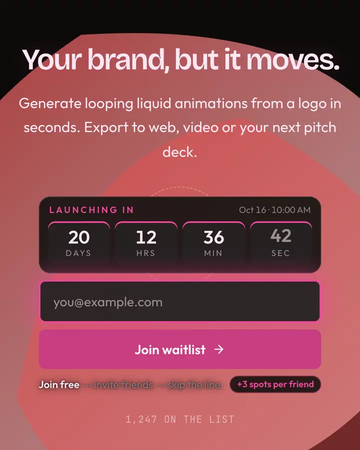 Liquid Motion — Editorial & Abstract waitlist page template, near-black background