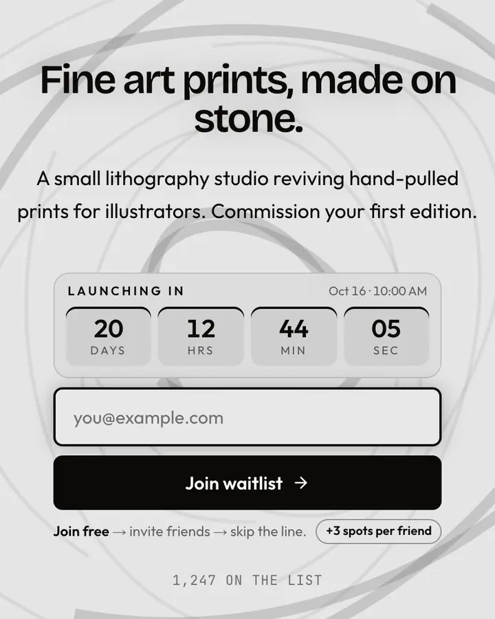 Lithograph — Black & White waitlist page template, off-white background