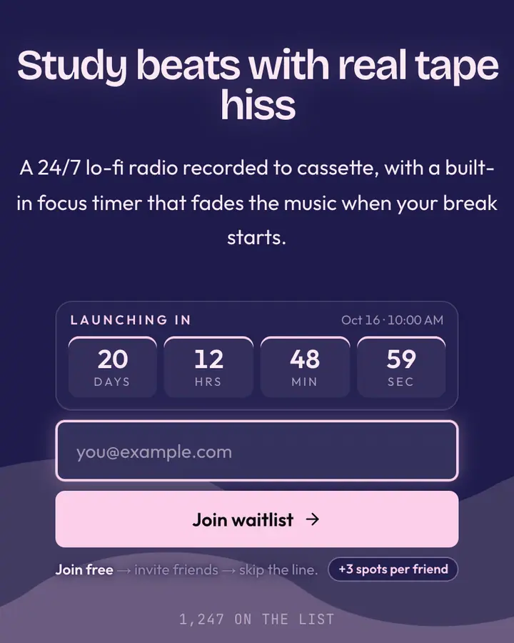 Lo-fi Beach — Vaporwave waitlist page template, dark indigo background