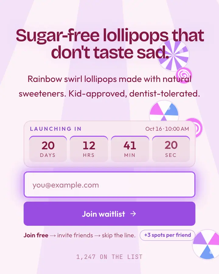 Lollipop Swirl — Playful & Pastel waitlist page template, pink-tinted white background