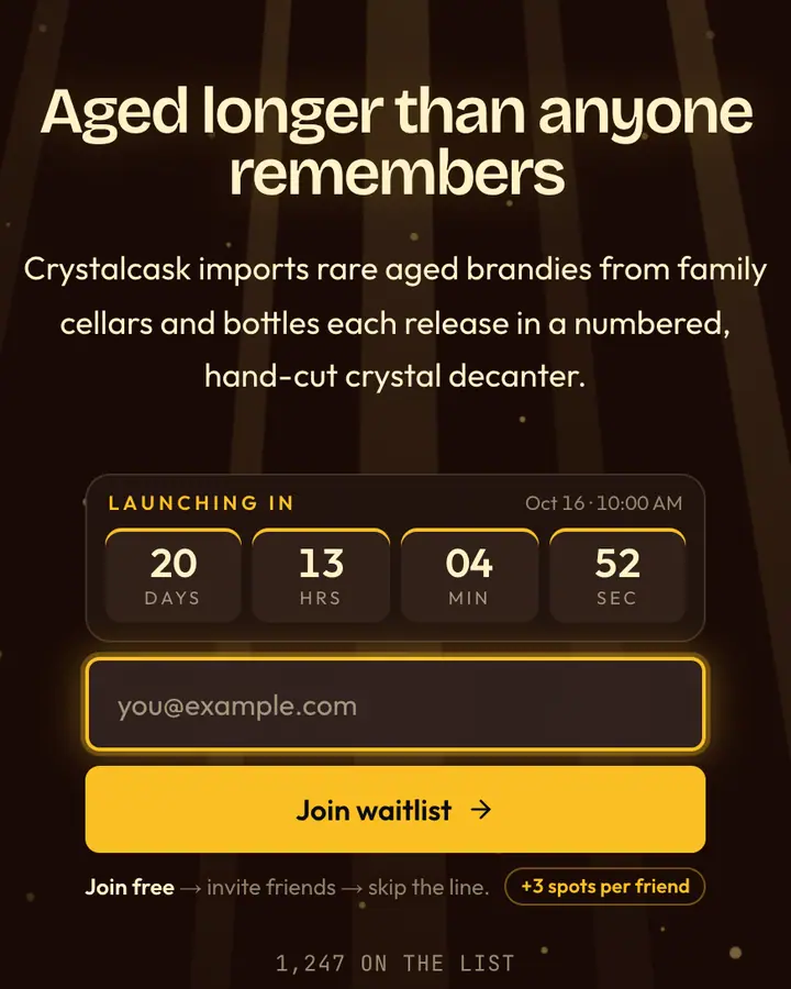 Crystal Decanter — Luxury waitlist page template, near-black vermilion background