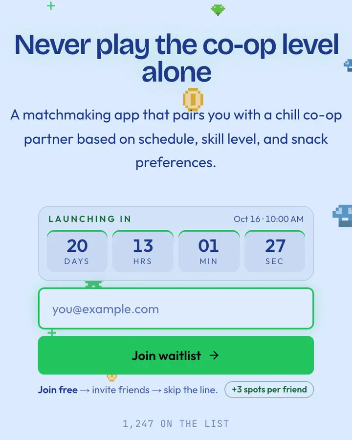 Plumber Green — Retro & Pixel Art waitlist page template, pale sky blue background