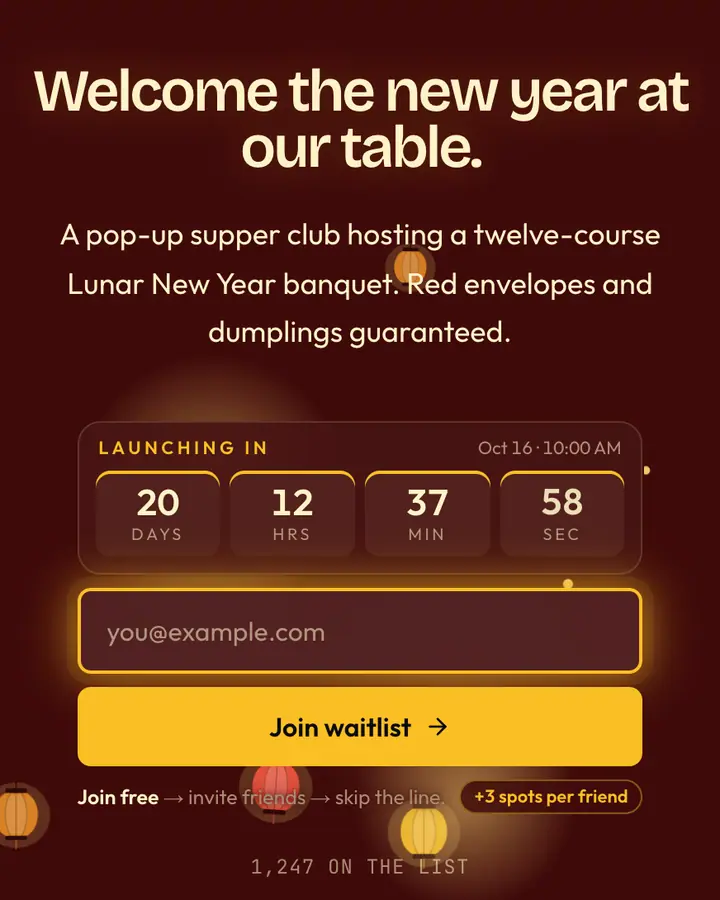 Lunar New Year — Holiday & Seasonal waitlist page template, deep red background