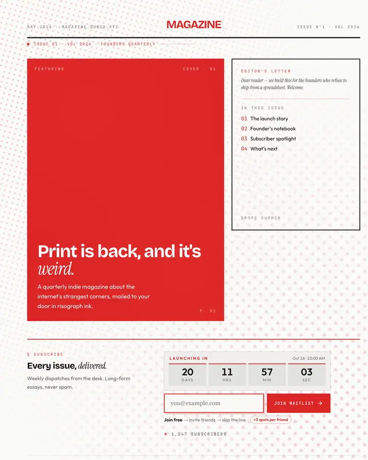 Magazine — Editorial & Abstract waitlist page template, white background
