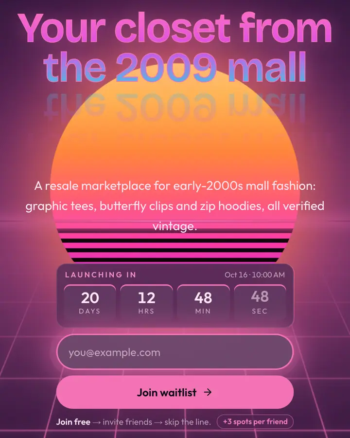 Mall 2009 — Vaporwave waitlist page template, deep violet background