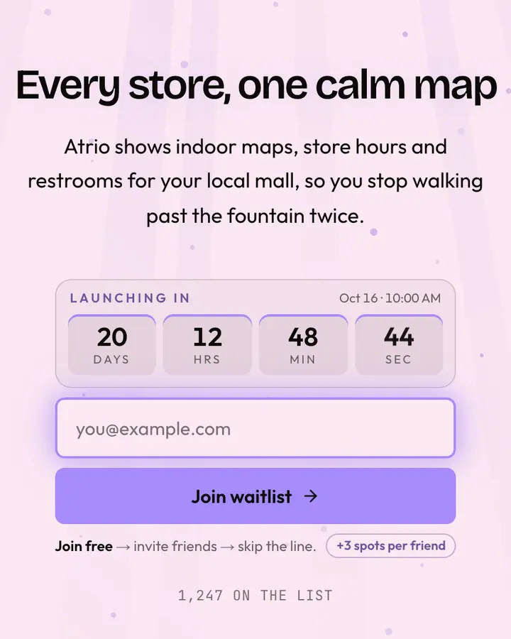 Mall Atrium — Vaporwave waitlist page template, pale pink background