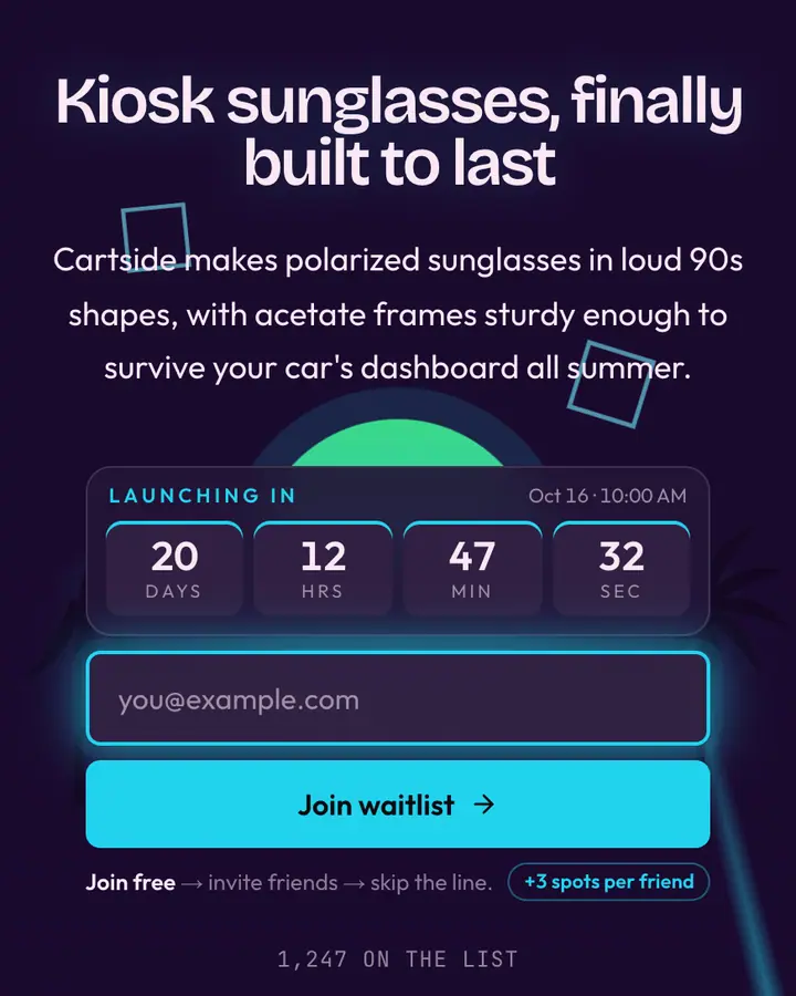 Mall Kiosk — Vaporwave waitlist page template, deep violet background