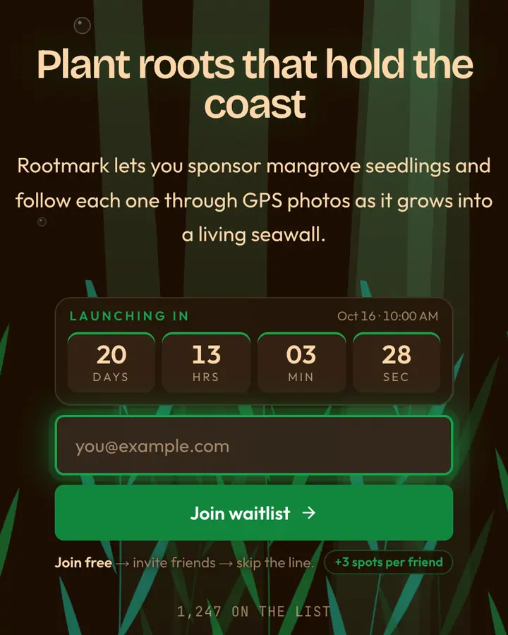 Mangrove Root — Nature & Organic waitlist page template, near-black vermilion background