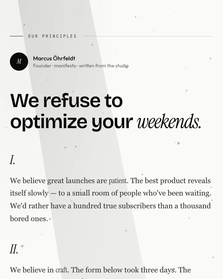Manifesto — Editorial & Abstract waitlist page template, white background