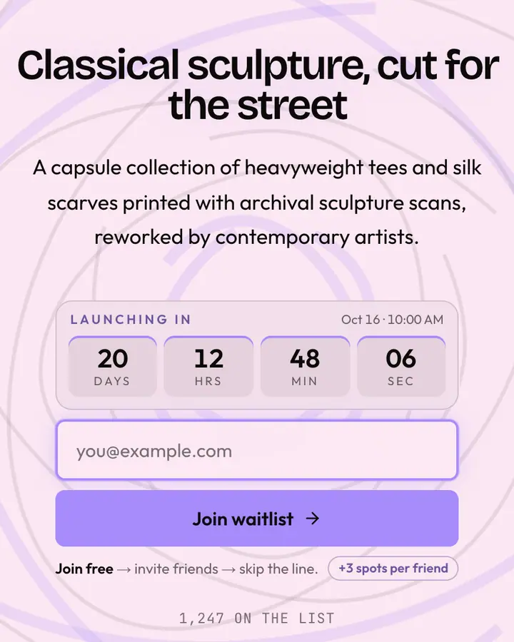 Marble Torso — Vaporwave waitlist page template, pale pink background