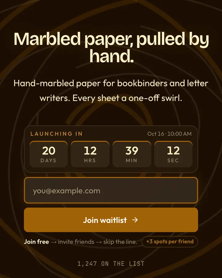 Marbled Endpaper — Dark Academia waitlist page template, near-black vermilion background