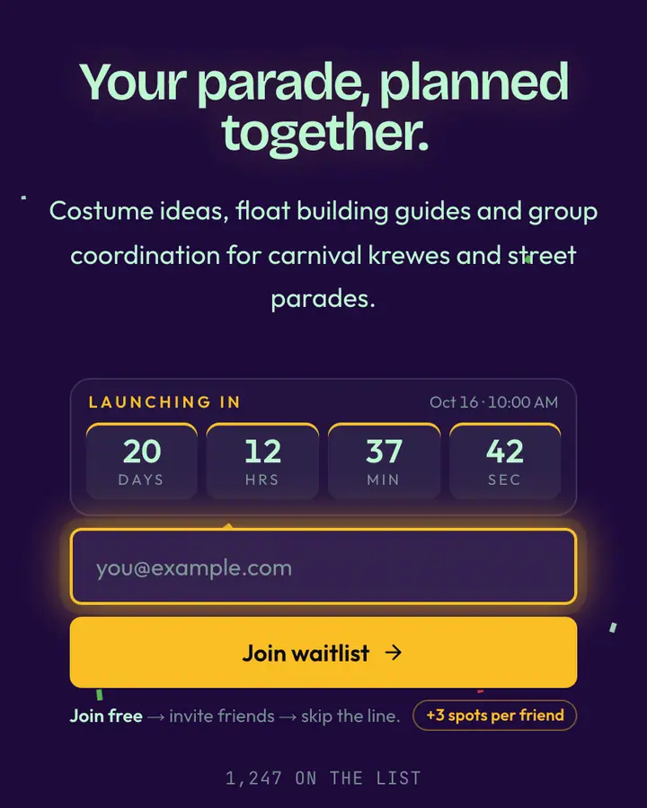 Mardi Gras — Holiday & Seasonal waitlist page template, deep violet background