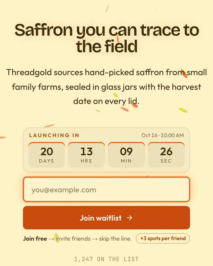 Marigold Glass — Glassmorphism waitlist page template, cream background