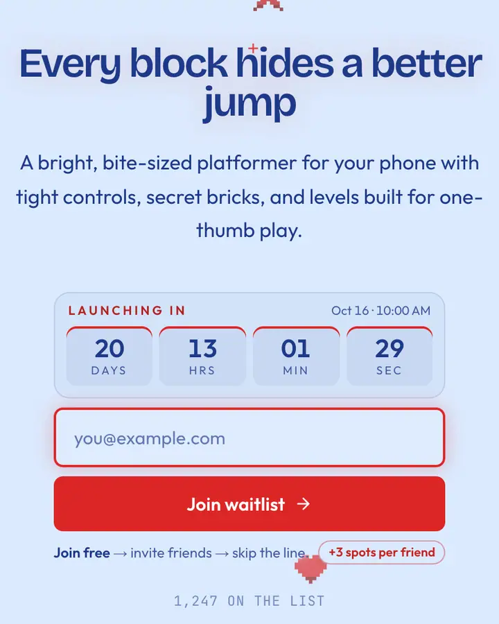 Plumber Red — Retro & Pixel Art waitlist page template, pale sky blue background