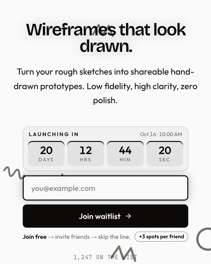 Marker Sketch — Black & White waitlist page template, white background