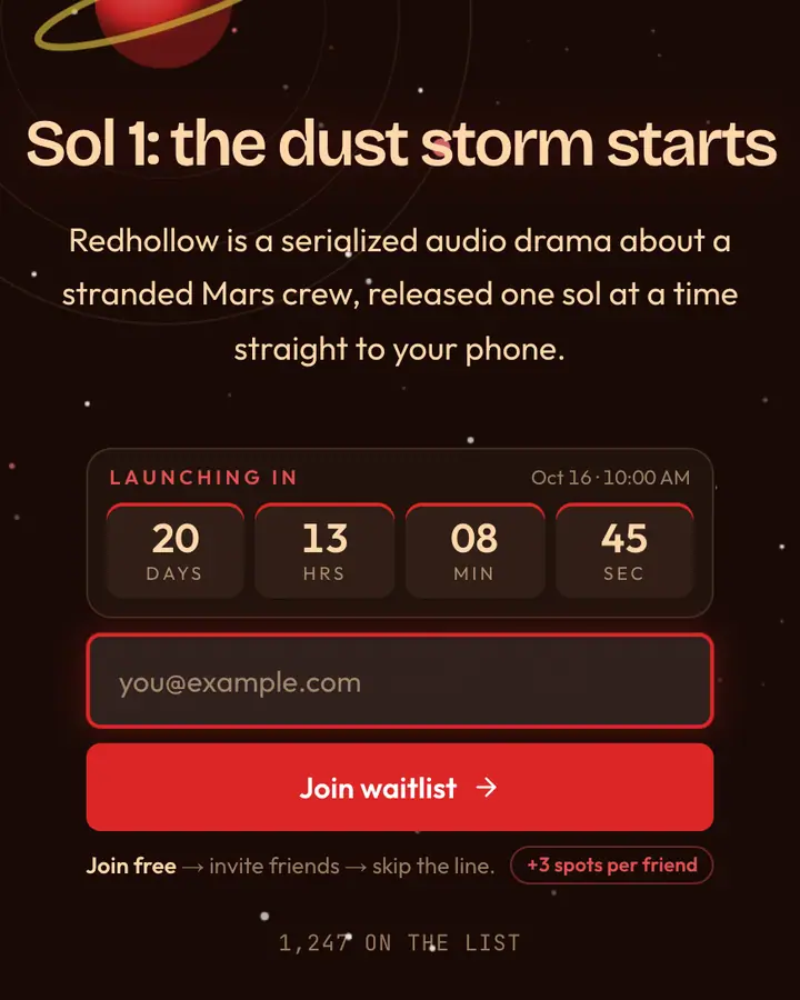 Mars Red — Cyberpunk & Sci-Fi waitlist page template, near-black vermilion background
