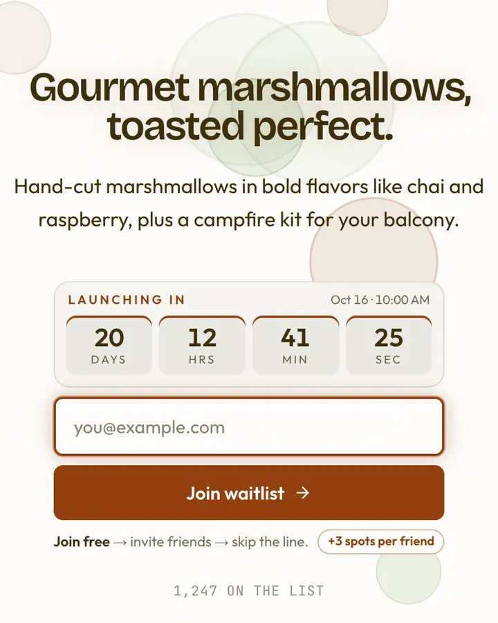 Marshmallow — Playful & Pastel waitlist page template, amber-tinted white background