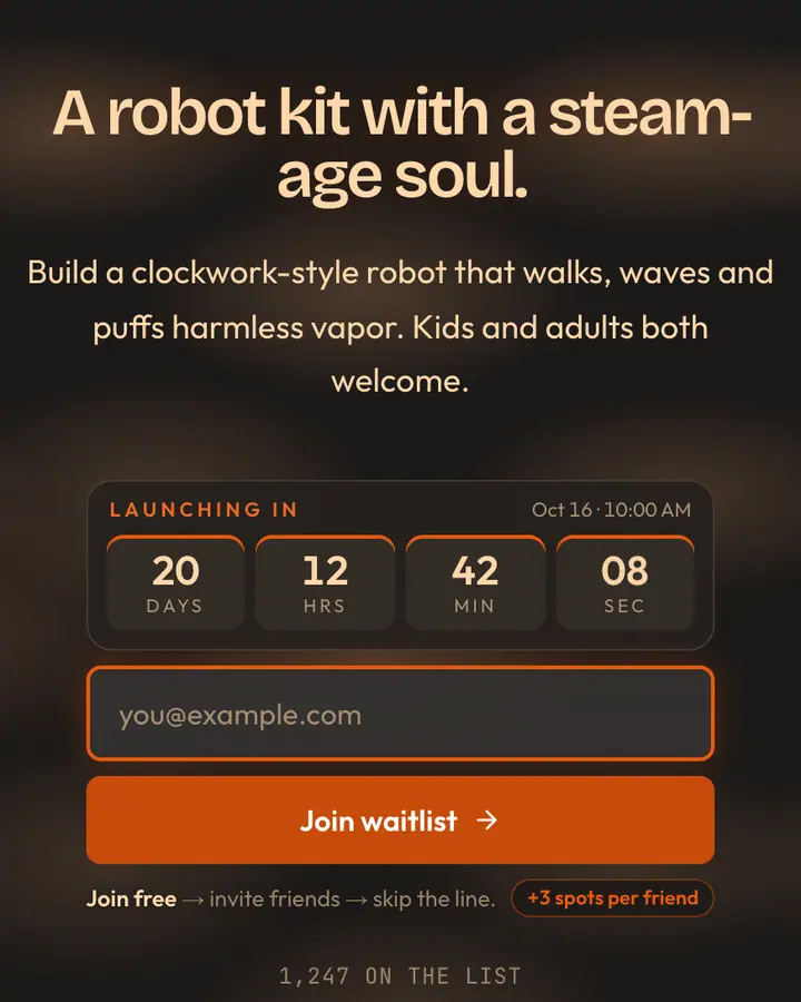 Mech Steam — Fantasy waitlist page template, charcoal background