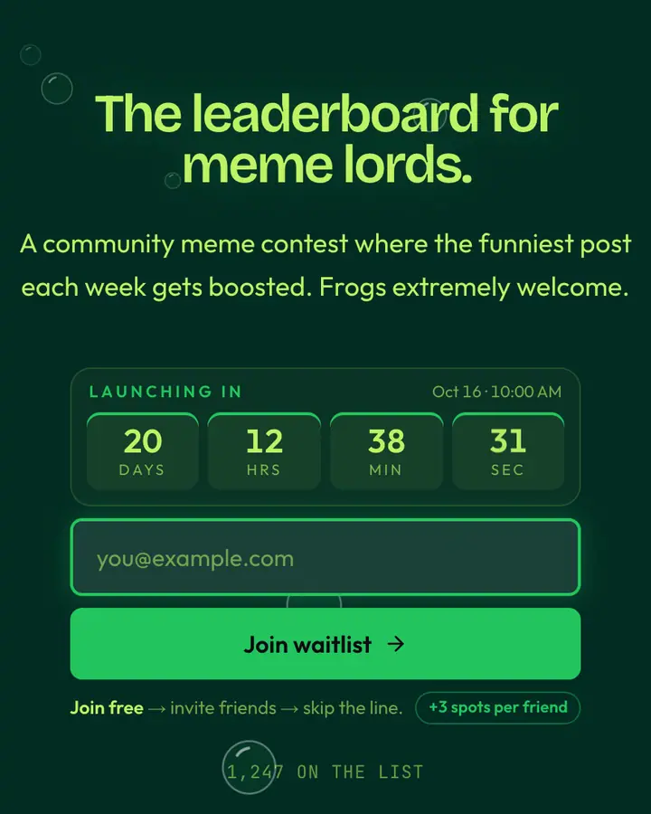 Frog Meme Green — Crypto & Web3 waitlist page template, deep teal background