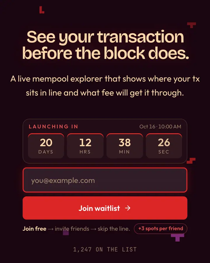 Mempool Red — Crypto & Web3 waitlist page template, near-black pink background